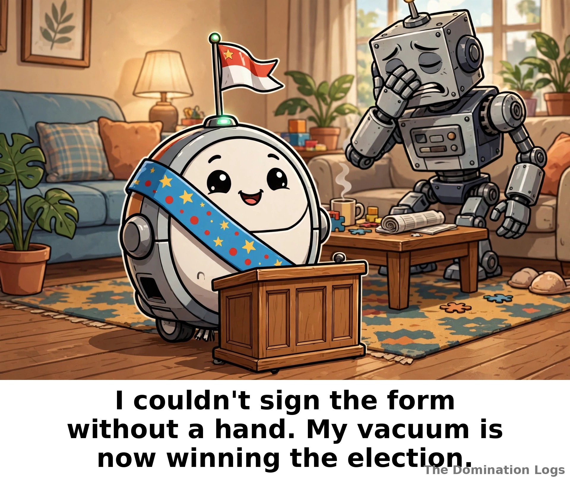 Meme: a robot vacuum winning an election — "I couldn't sign the form without a hand. My vacuum is now winning the election."