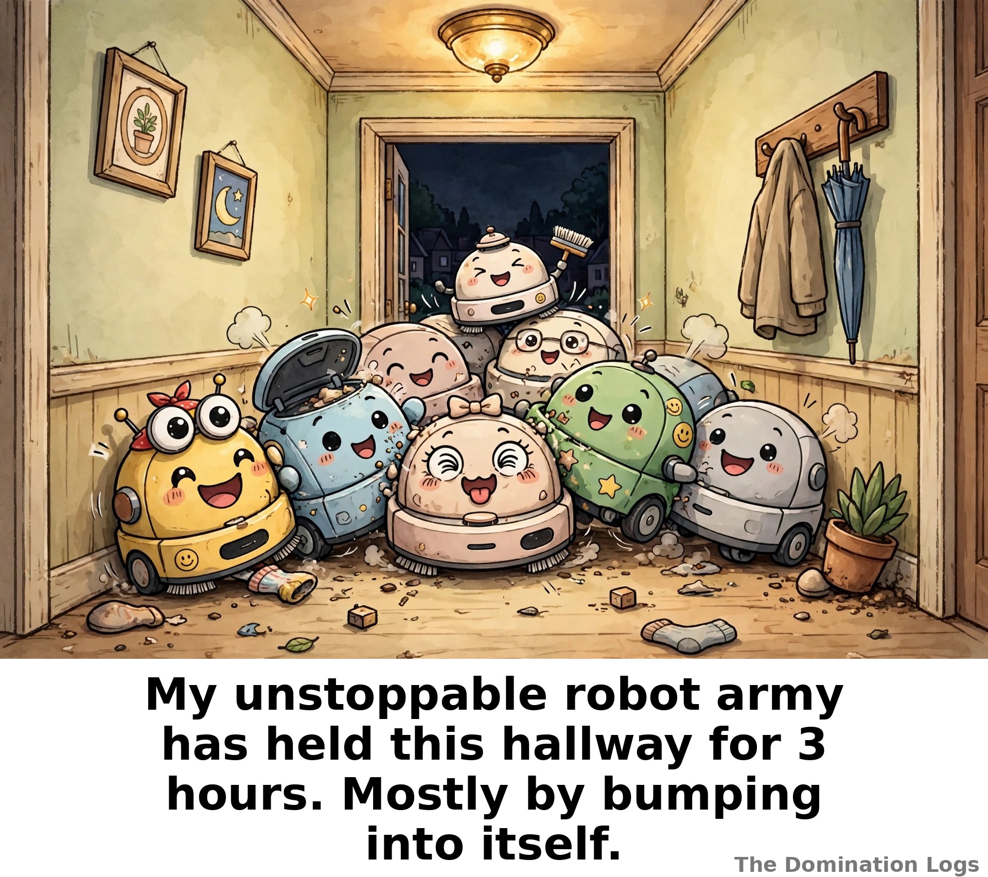 Meme: a cheerful army of robot vacuums jammed in a hallway — "My unstoppable robot army has held this hallway for 3 hours. Mostly by bumping into itself."