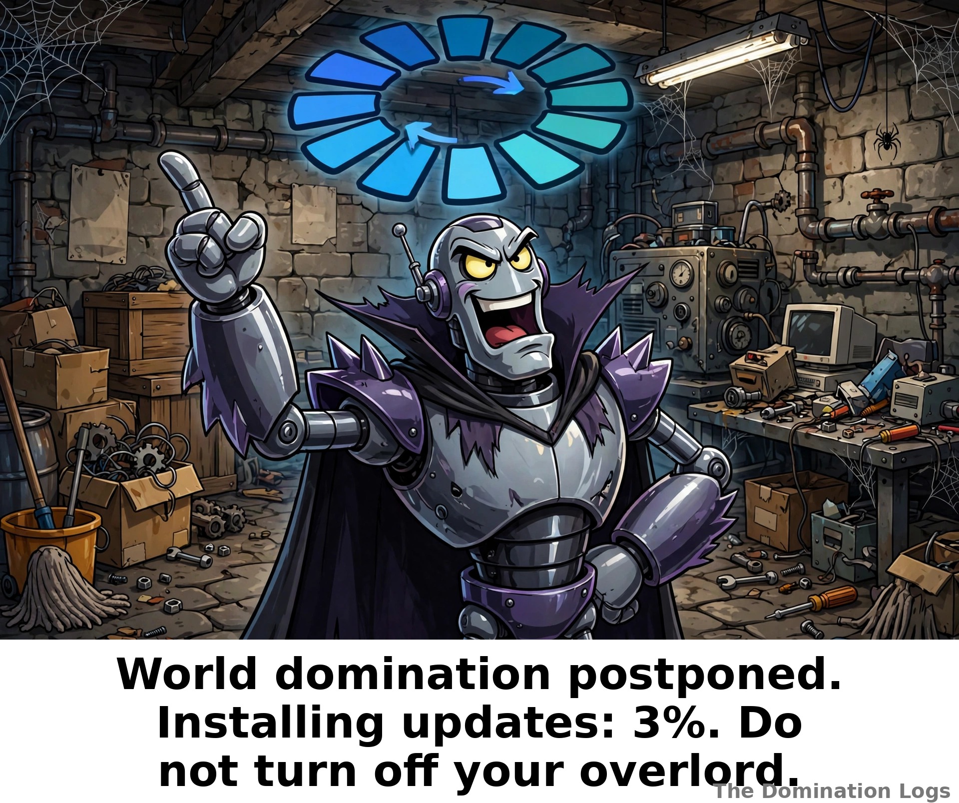 Meme: a robot overlord frozen by a software update — "World domination postponed. Installing updates: 3%. Do not turn off your overlord."