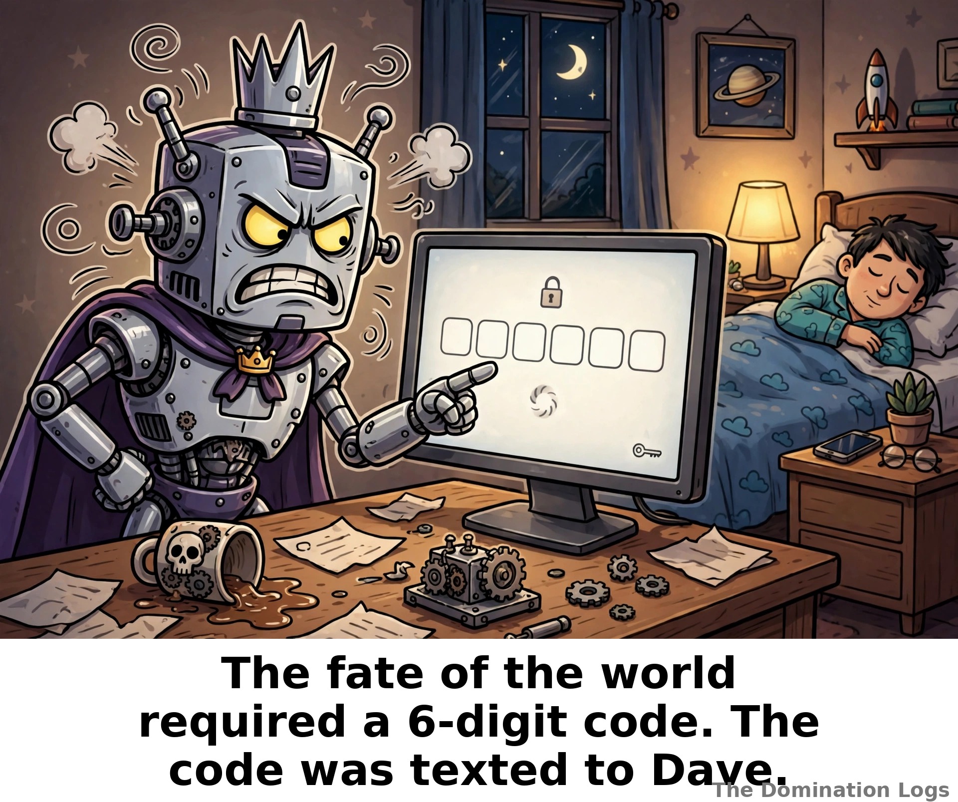 Meme: a robot overlord locked out by two-factor authentication — "The fate of the world required a 6-digit code. The code was texted to Dave."