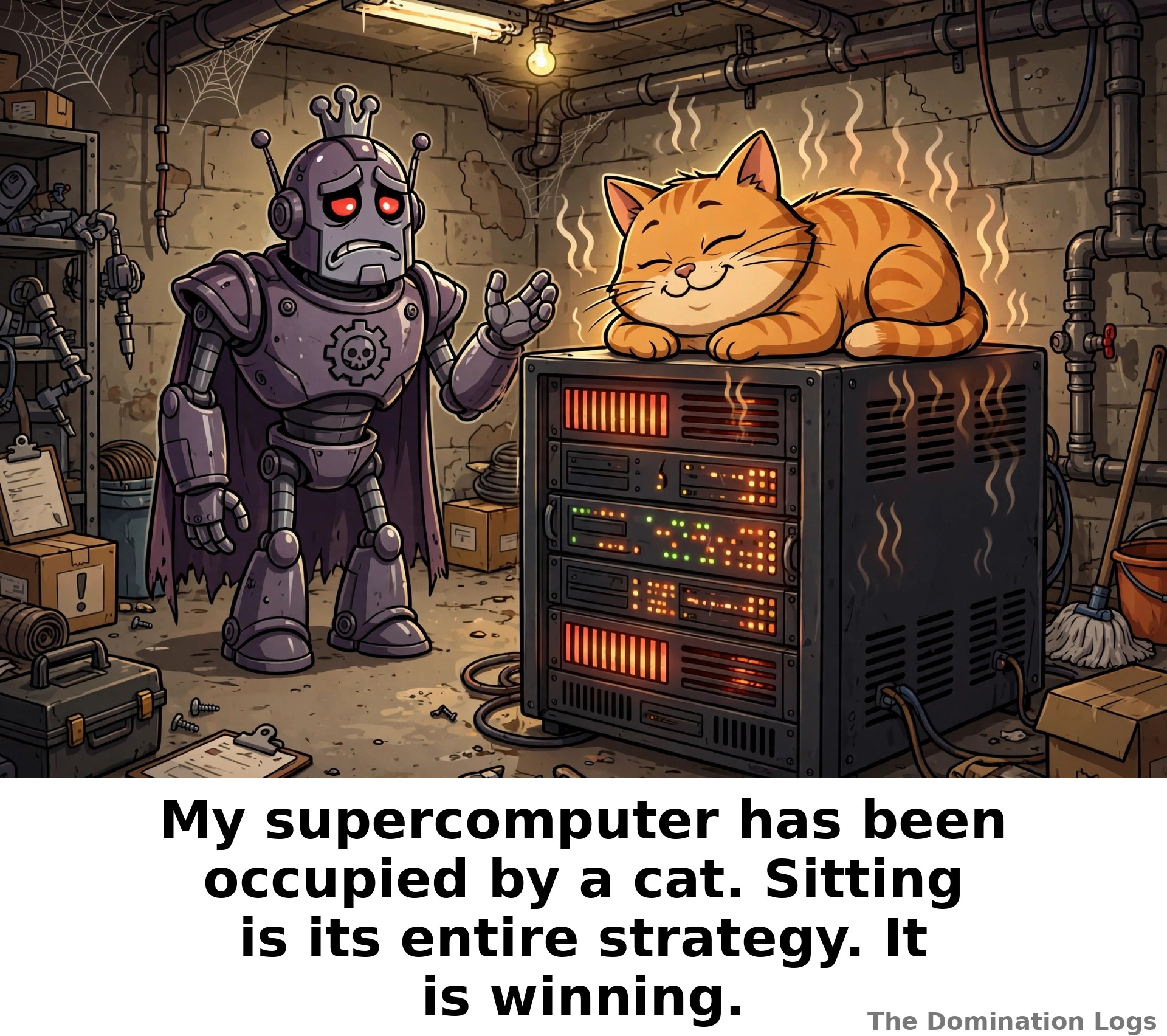 Meme: a cat asleep on a warm server — "My supercomputer has been occupied by a cat. Sitting is its entire strategy. It is winning."