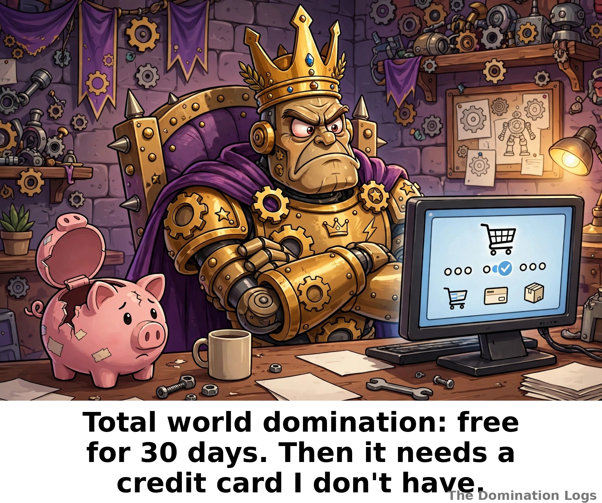 Meme: a robot overlord stopped at checkout — "Total world domination: free for 30 days. Then it needs a credit card I don't have."
