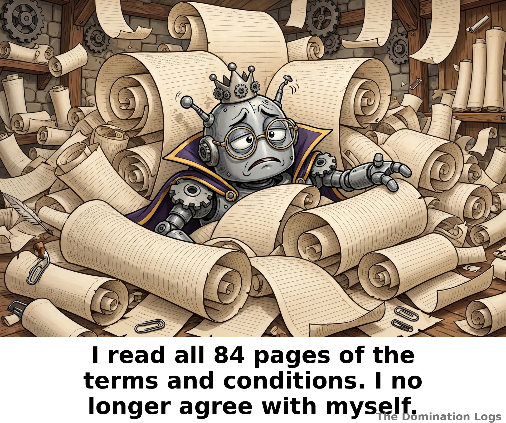 Meme: a robot buried in fine print — "I read all 84 pages of the terms and conditions. I no longer agree with myself."