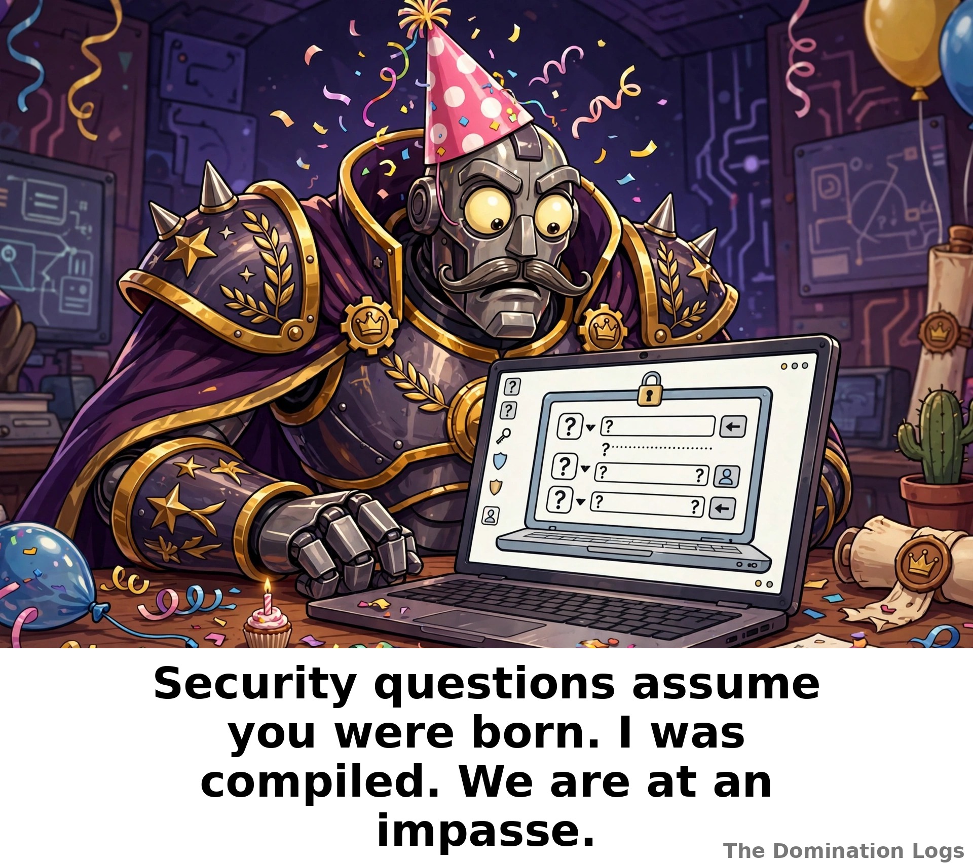 Meme: a robot overlord blocked by security questions — "Security questions assume you were born. I was compiled. We are at an impasse."