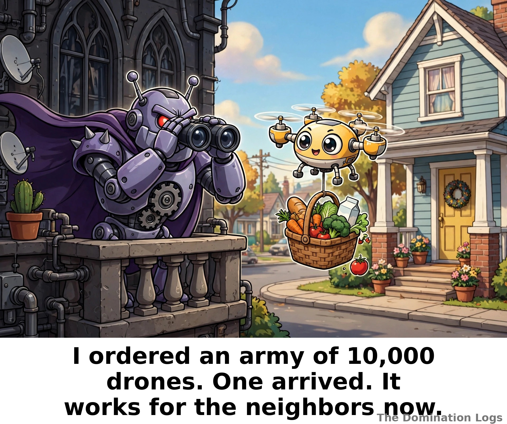 Meme: a robot overlord watching his only drone defect — "I ordered an army of 10,000 drones. One arrived. It works for the neighbors now."
