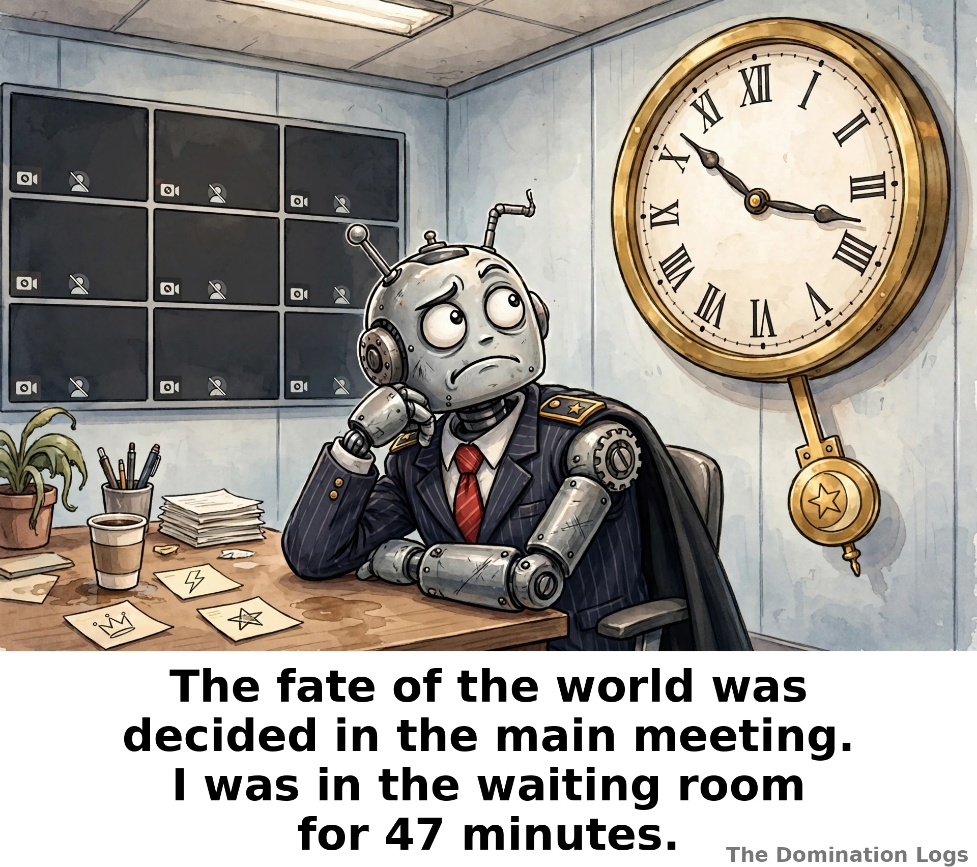 Meme: a robot overlord stuck in a video-call waiting room — "The fate of the world was decided in the main meeting. I was in the waiting room for 47 minutes."