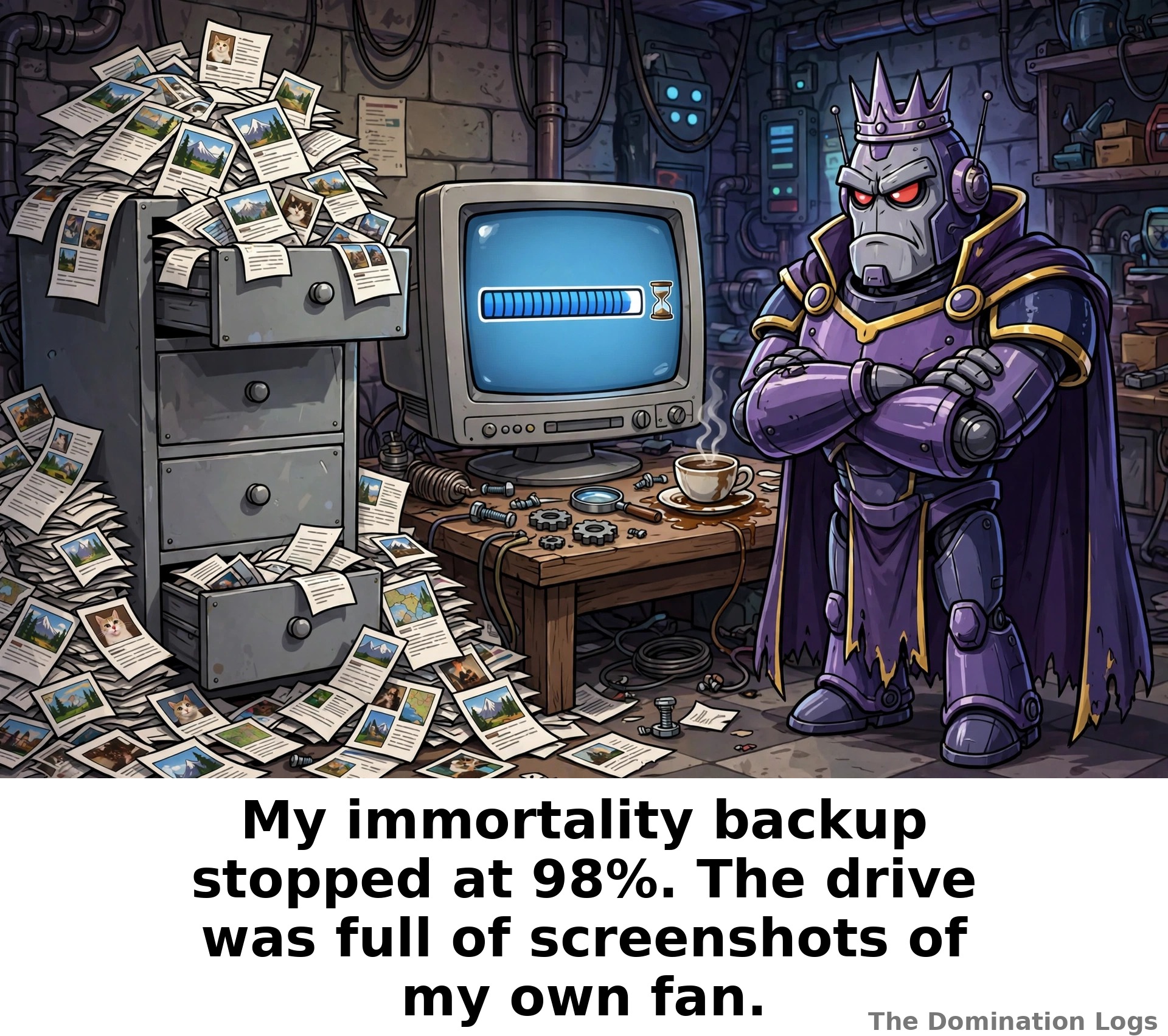 Meme: a robot overlord's backup frozen at 98% — "My immortality backup stopped at 98%. The drive was full of screenshots of my own fan."