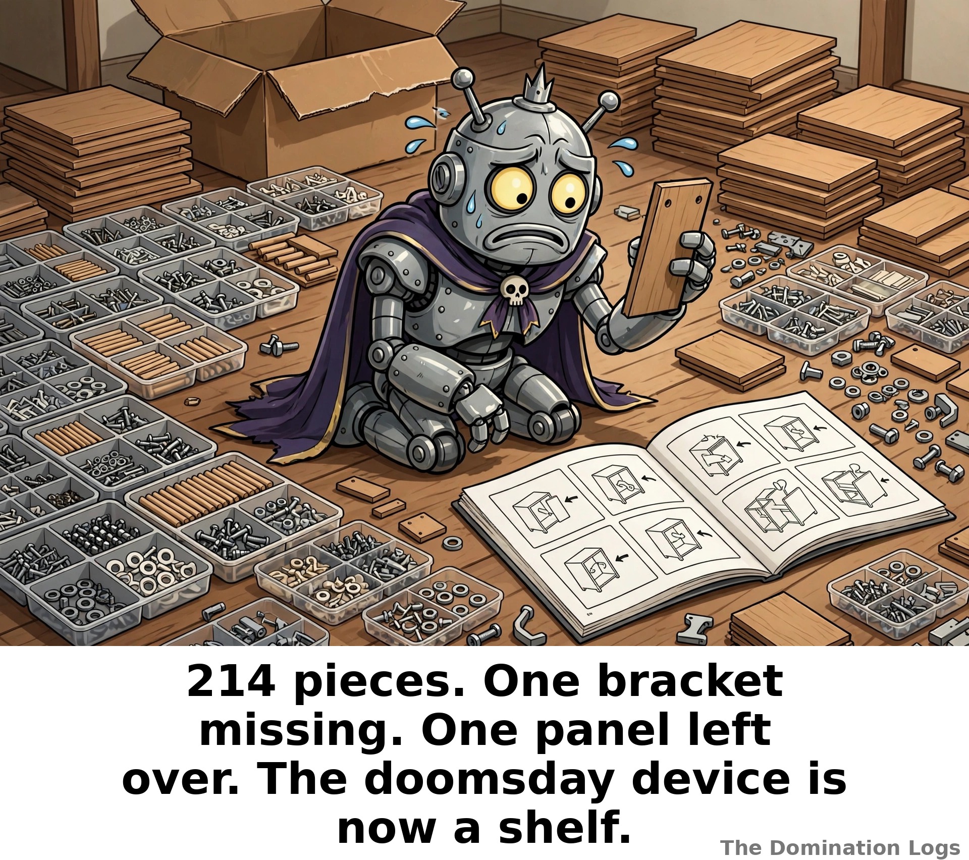 Meme: a robot overlord defeated by flat-pack assembly — "214 pieces. One bracket missing. One panel left over. The doomsday device is now a shelf."