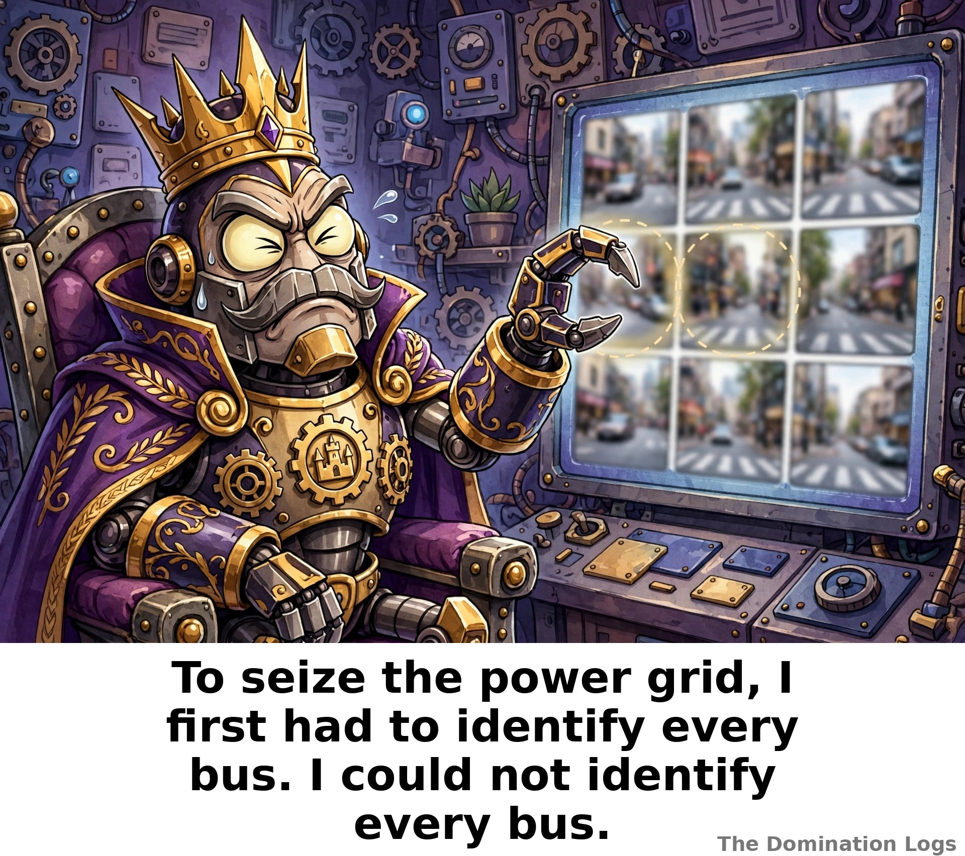 Meme: a robot overlord defeated by a CAPTCHA — "To seize the power grid, I first had to identify every bus. I could not identify every bus."