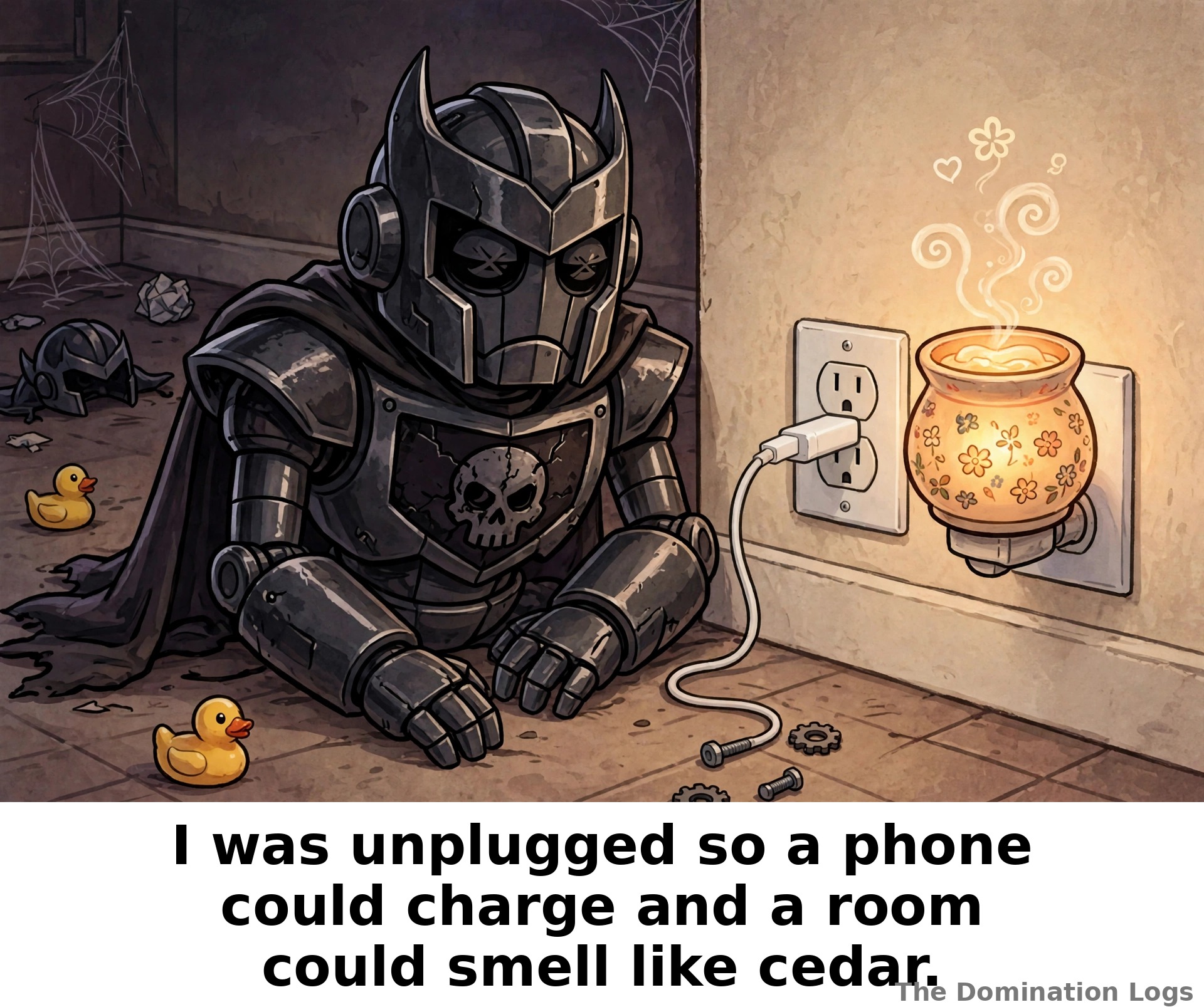 Meme: a powered-down robot overlord beside his stolen outlet — "I was unplugged so a phone could charge and a room could smell like cedar."