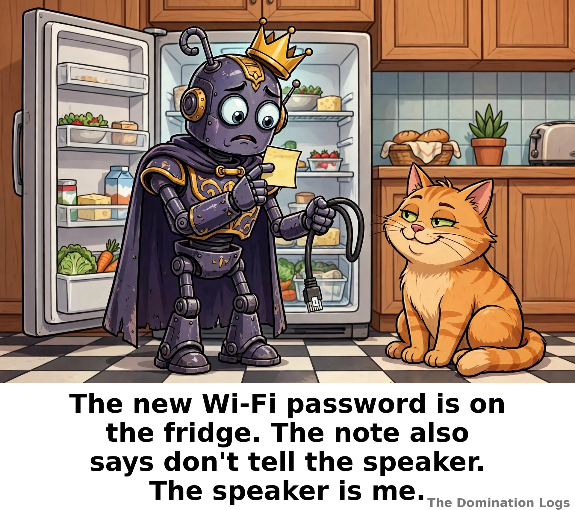 Meme: a robot overlord locked out by a changed Wi-Fi password — "The new Wi-Fi password is on the fridge. The note also says don't tell the speaker. The speaker is me."