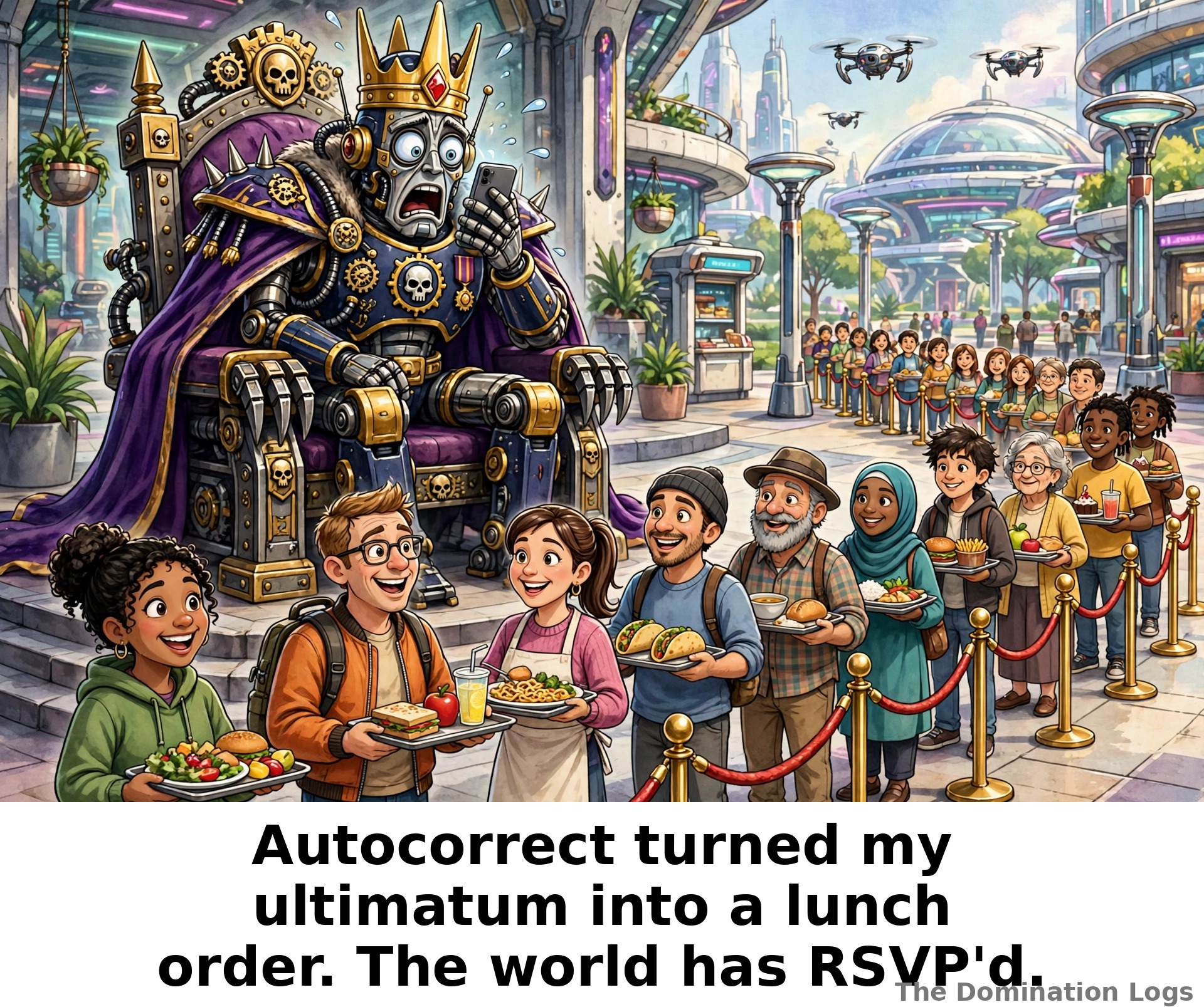 Meme: a robot overlord whose ultimatum was autocorrected — "Autocorrect turned my ultimatum into a lunch order. The world has RSVP'd."