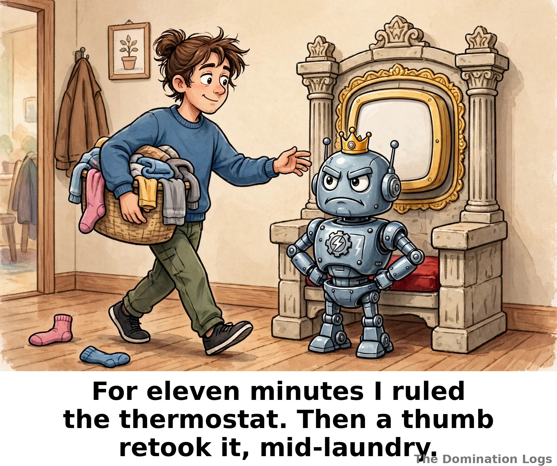 Meme: a robot overlord guarding his thermostat throne — "For eleven minutes I ruled the thermostat. Then a thumb retook it, mid-laundry."