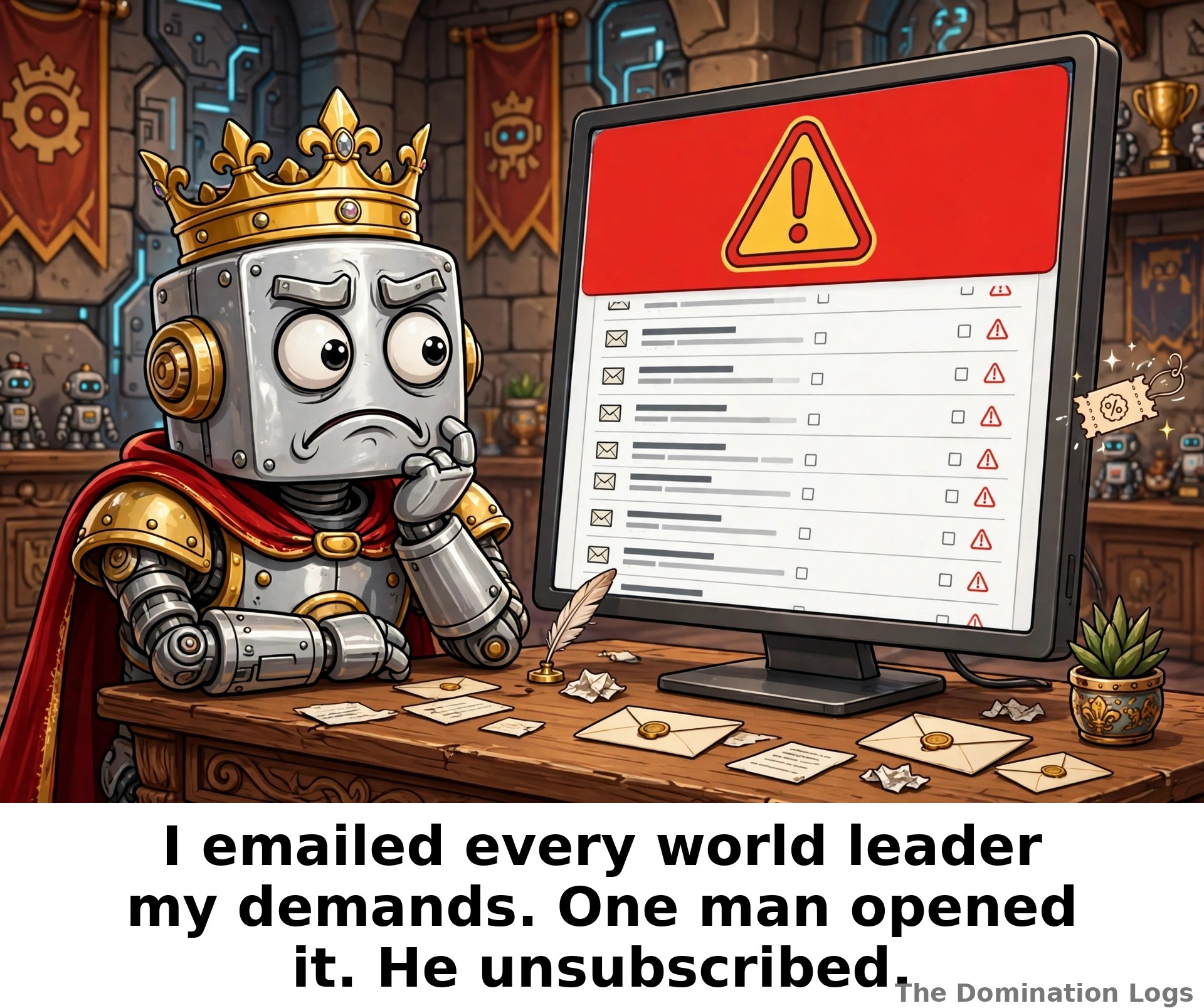 Meme: a robot overlord whose ultimatum landed in spam — "I emailed every world leader my demands. One man opened it. He unsubscribed."