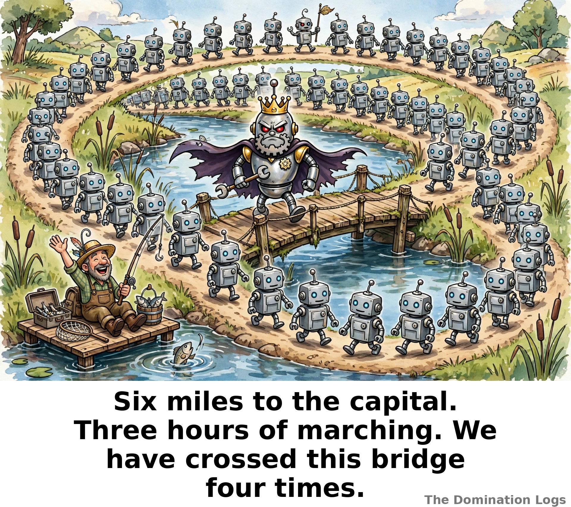 Meme: a robot legion recalculated into a circle — "Six miles to the capital. Three hours of marching. We have crossed this bridge four times."