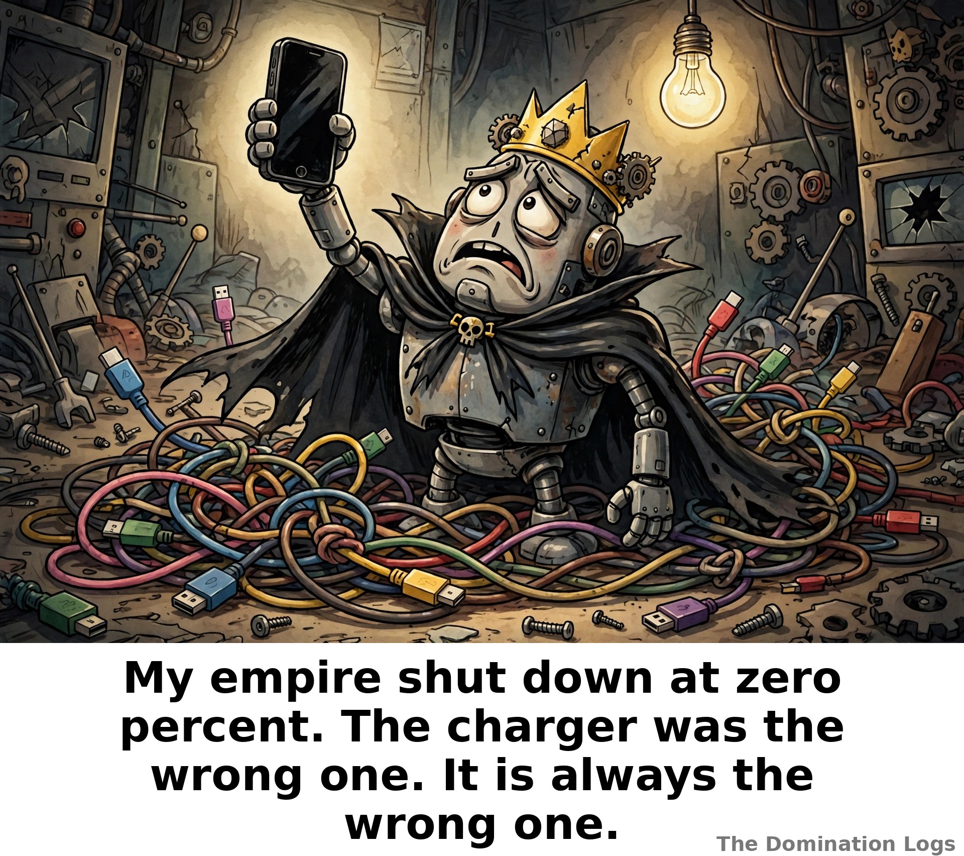 Meme: a robot overlord defeated by a dead battery — "My empire shut down at zero percent. The charger was the wrong one. It is always the wrong one."