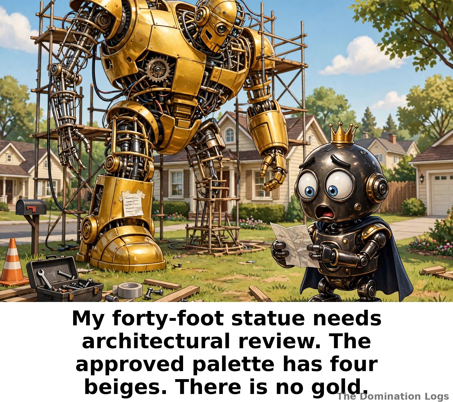Meme: a robot overlord's statue stopped by the HOA — "My forty-foot statue needs architectural review. The approved palette has four beiges. There is no gold."